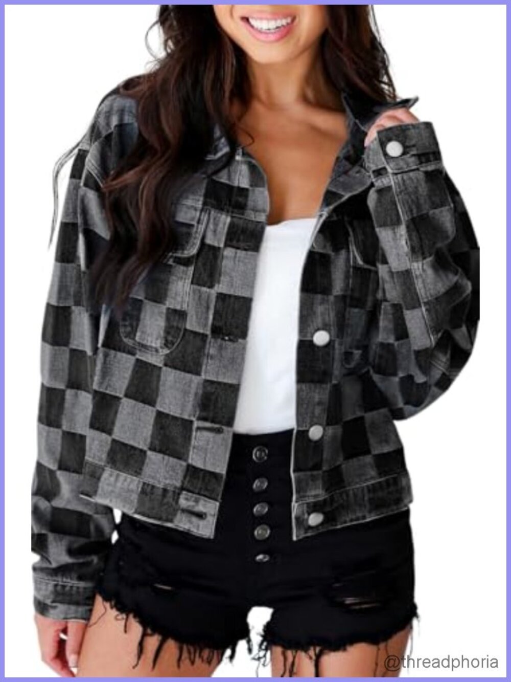 Womens Casual Button Down Shacket Checkered Patchwork Denim Jacket Lightweight